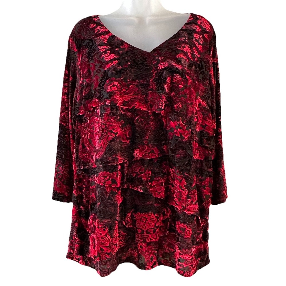 Established Woman Sz 2X Velvet Burnout 3/4 Sleeves‎ Red Black Layered Valentines